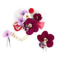 髪飾り 成人式 水引 つまみ細工 赤 振袖 前撮り 袴 花 2点セット 紫 赤紫 薄紫 白 ピンク ちりめん 組紐 玉飾り パール ビーズ No.12-0442