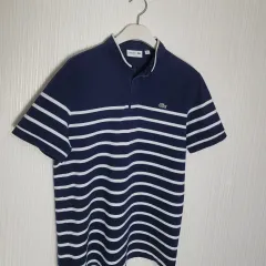 100 ー 105 LACOSTE(ラコステ) ヘンリーネック 半袖ポロシャツ ネイビー ストライプ ストレッチ