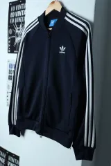(S-M) アディダス ジップアップ ジャージ トラックジャージ 炎 ファーバー ネイビー-154D3