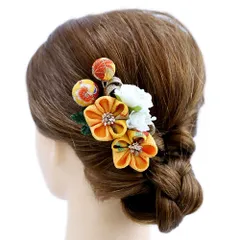 髪飾り 成人式 つまみ細工 振袖 前撮り 袴 浴衣 夏祭り 花火大会 豪華2点セット 黄色 橙色 白 ちりめん 玉飾り 和柄 ヘアアク No.9-3646