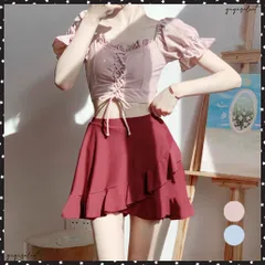 オフショルダー水着 レディースビキニ水着レースアップ水着 2点セット オフショルトップス パンツ付き フリルミニスカート セパレート水着 露出控えめビーチウェア2WAY上下セット 体型カバーリゾート 可愛いスイムウェア