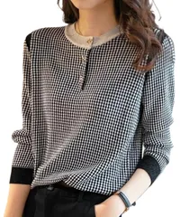 [Elixio] [エリクシオ] ニット トップス レディース 千鳥格子 薄手 長袖 ラウンドネック 金ボタン きれいめ 上品 おしゃれ 通勤 オフィスカジュアル 春 秋 (JP, アルファベット, 2XL, ブラック) [ブラック] [2XL]