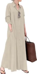 2XL_ベージュ [ジェイストア] シャツワンピース ワンピース 長袖 ボタン ポケット おしゃれ デザイン aライン シャツ ユッタリ らくちん 羽織もの オーバーサイズ おおきめ 大きいサイズ カワイイ カジュアル 可愛い レギュラーカラー マキシ丈 フレ