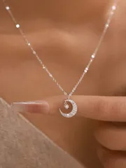 ジュエリー レディース ネックレス ペンダント 1個 スターリングシルバー S925 エレガントでかわいいゴールドの星と三日月のジルコニアペンダントネックレス、レディース ファッション鎖骨チェーン パーティー 日常