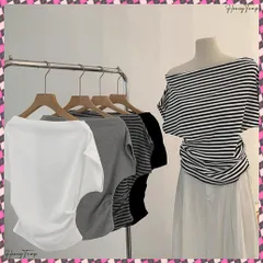 送料無料 オフショルダーカットソー サイドギャザー ワンショルダーtシャツ レディース ボートネック 肩見せTシャツ 薄手夏t 大人カジュアル 半袖夏服 ボーダーtシャツ 肩出しトップス無地 シンプルカットソー 韓国風T無地着やせ