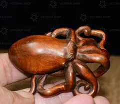 旧家蔵出し 黄楊木製 細密彫 八爪魚 置物 文房賞物 供養品 古美術品 収集家
