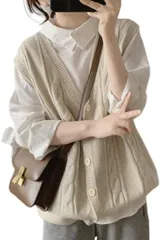 J.STORE ケーブル編み ニット ベスト カジュアル ゆったり きれいめ トップス 通学 Vネック(ホワイト,  M)