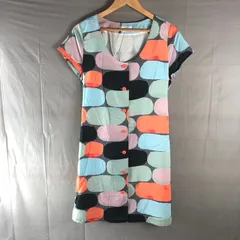 マリメッコ marimekko ワンピース 半袖 柄模様 コットン100％ ロゴボタン リボン紐 裏地付き 黒 くすみグリーン オレンジ グレー系 36サイズ 893901のサムネイル