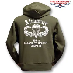 THE MAVERICKS ブランド スウェット パーカー メンズ 裏起毛 ジップアップ AIRBORNE エアボーン パラシュート部隊 オリーブドラブ