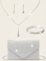 ジュエリー レディース セット 4点セット レディース ラインストーン イブニングクラッチバッグ ラインストーンイヤークリップ ブライダルウェディング チョーカー ブレスレット ぶら下がりビーズ グリッター パーテ