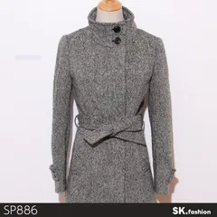 美品 MICHEL KLEIN ミッシェルクラン ノーカラージャケット 長袖 ヘリンボーン柄 ベルト付き スリムシルエット ウール混生地 　グレー　 【SP886-00】 送料無料　古着　レディースのサムネイル