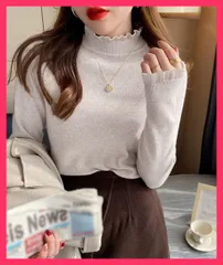 【スタッフおすすめ！】 ハイネックニットトップスフリルニットソー レースネック着やせ/オフィスカジュアル/セーターカットソー メロウフリルニット きれいめ ベーシッ おすすめ おしゃれ　かわいい　人気 80YT-035