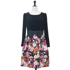 MS GRACY エムズグレイシー ワンピース ブラック×ピンク系 サイズ:38(M) / ベロア フラワープリント ミディ ワンピース / 膝丈 長袖 リボン 切替 花柄 / トップス ドレス / 日本製【レディース】【中古】