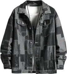 Over the moon デニムジャケット メンズ Gジャン ジージャン アウター 大きいサイズ パッチワーク オーバーサイズ 厚手 長袖 春秋 Y2K( ブラック,  L)