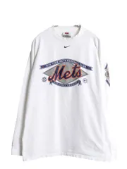 【お得なクーポン配布中!】 00s メッツ ロゴ プリント 長袖 Tシャツ メンズ M オールド MLB オフィシャル ナイキ センター スウッシュ ヘビーウェイト 大リーグ ロンT