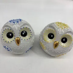 美品 九谷焼 フクロウ 丸型梟 白盛 贈り物 ギフト 2.2号 ブルー イエロー 2個 セット
