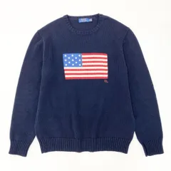54h27 USA製 POLO RALPH LAUREN ポロラルフローレン 星条旗ニット セーター クルーネック サイズL ネイビー メンズ 紳士服u02t