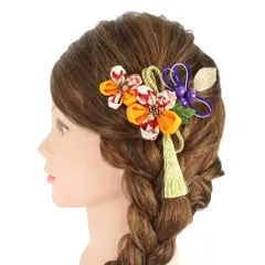 髪飾り 成人式 水引 つまみ細工 振袖 前撮り 袴 花 3点セット からし色 黄色 オレンジ 橙色 白 ゴールド ちりめん 房 房付き No.9-5111