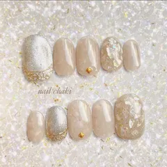 人気No.2♡オーダーネイルチップ　シアーグレージュとマグネットの煌めきシェルネイル　ブライダル　結婚式　ウェディング　花嫁