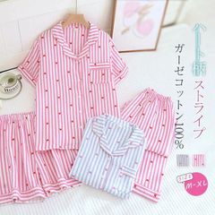 ガーゼ パジャマ レディース ルームウェア 夏 半袖 部屋着 セットアップ 3点セット ハート柄 ストライプ ショートパンツ ロングパンツ 寝間着 寝巻き 上下セット zzr063062859a2