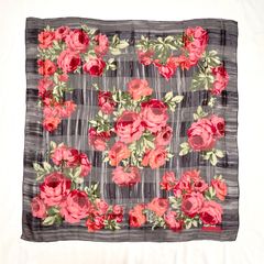 Yves saint Laurent スカーフ シルク 大判 花柄 薔薇 バラ グレー レッド シアー イヴサンローラン ハンカチ ストール ショール ファブリック ヴィンテージ アンティーク