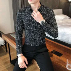 種類118：2XL/F：203 黒花 秋冬 コーデ メンズ  服 シンプル ファッション オシャレ 大人 かっこいい 大きいサイズ ストリート 紳士服  白 ウェーブ ドット プリント シャツ 花柄 長袖 カジュアル 黒 花 