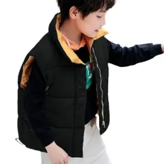 [ALVEIN] キッズ ダウンベスト 子供 立ち襟 アウター ジップ ブルゾン ノースリーブ 中綿 防風 チョッキ ジャケット 軽量 腰ゴム (JP, 数字サイズ, 100, ブラック) [ブラック] [100]