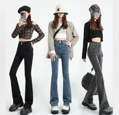 デニムパンツ レディース ジーンズ フレアパンツ ボトムス 着痩せ スキニーパンツ ハイウエスト ロング丈 カシュアル 体型カバー 美脚 細身 ストレッチ　4色からお選び