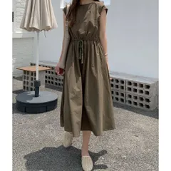 ☆ カーキ ☆ Mサイズ ☆ ワンピース lydress02 ワンピース ノースリーブ レディース ワンピ ラウンドネック ミドル丈 リボン コットン 無地 綿 ひも 紐 シンプル カジュアル 通学 通勤 かわいい おしゃれ