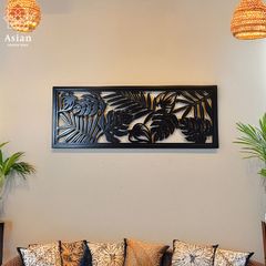 木製 アートパネル 80×30 （南国花葉4） バリ アジアン レリーフ インテリア 壁掛け 壁飾り おしゃれ モダン アジアン雑貨