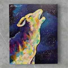 カラフルなオオカミと星空のアート 絵画　原画 キャンバス　現代アート　夜空 星空とカラフルな狼の原画 27.3×22cmキャンバス 現代アート 絵画