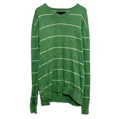 TOMMY HILFIGER コットンニット セーター L グリーン ボーダー トミーフィルフィガー Vネック 古着卸 アメリカ仕入 a611-7455