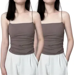 YasYouRi キャミソール カップ付き ブラトップ 2枚セット スパゲッティストラップ 見せキャミ 柔らかい 伸縮性 タンクトップ 吸汗速乾 無地 インナー 袖なし 見せる フェミニン(ブラウン/ブラウン,  Free Size)