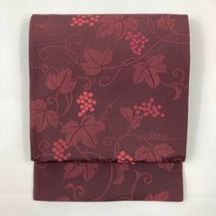 リユース帯 袋帯 臙脂 カジュアル ふくれ織り 蔓葡萄 六通 未洗い MS1446
