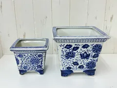 【龍馬】染付陶器の植木鉢　大小二点セット　洋蓮　盆栽　植物　多肉　庭園　お庭　中国　人気