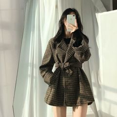 【新品】レトロガーリー♡ベルト付き千鳥格子柄コート　A1084　レディース 韓国 ファッション コート チェック柄 千鳥 ショート丈 ウエストベルト S M L XL