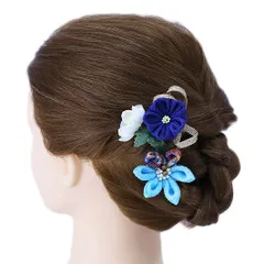 髪飾り 成人式 つまみ細工 振袖 前撮り 袴 浴衣 夏祭り 花火大会 豪華2点セット 青 水色 紺 ネイビー 白 ゴールド ちりめん 組 No.9-3625