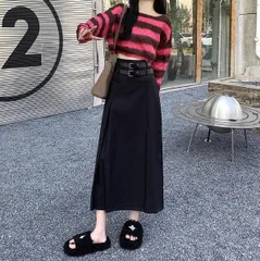 レディース スカート ロング丈 ベルト モード 黒 グレー Ａライン 韓国ファッション カジュアル ロングスカート [760]
