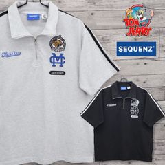 新品 メンズ トムとジェリー TOM&JERRY トムジェリ SEQUENZ シークエンズ コラボ 半袖 ハーフジップ ポロ Tシャツ ティーシャツワンポイント 刺繍 ワッペン ユニセックス レディース S 小さいサイズ グレー 黒 ブラック
