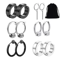 【迅速発送】フェイクピアス メンズ ノンホールピアス イヤリング イヤーカフ メンズ レディース フープピアス リング ステンレス シンプル シルバー ブラック6ペア 収納ポーチ付き ユニセックス(両耳12個セット)