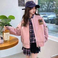 キッズ ジャケット スタジャン ジャンパー バイカラー アウター ブルゾン コットン 子供服 長袖 野球服 女の子 ジュニア 女児 秋 春 上着 スウェット KCFC036(2色120-170)