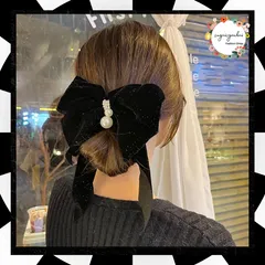 ビッグリボンバレッタ韓国ヘアアクセサリー キラキラベロア 大きめリボン 髪飾り 大人可愛いファッション小物 フェイクパール付き おしゃれ 髪留め 流行りボリューム ヘアアレンジグッズ まとめ髪 バレッタ 髪飾りハーフアップ 	80JUNSHAN-001