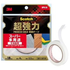 L012	超強力両面テープ　3M　作業用両面テープ　スコッチ　超強力両面テープ　プレミアゴールド　スーパー多用途　19mm×4m　1巻　SPS-19　金属（鉄・アルミ・ステンレスなど）・木・ガラス・内装タイル・プラスチック　平滑面用	4548623157306