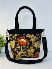 【裁縫ストア・ボヌール】大人かわいい　ウィリアムモリス　ベストオブモリス  アネモネ柄  トートバック　カジュアルキルトカットクロス　ハート柄　ブラック　ミニポーチ　ショルダーバッグ　ハンドメイド　ショルダーストラップ　ゴージャス / №500-576