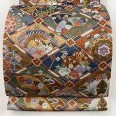 名古屋帯 美品 秀品 夏帯 八寸名古屋帯 トンネル仕立て 格子 扇
