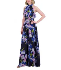 【送料無料】 エリザジェイ レディース ワンピース トップス Chiffon Floral Print Halter Neck Sleeveless Ruffle Maxi Dress Navy Multi