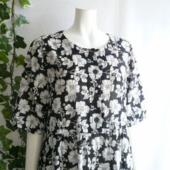 新品 9809 M 花柄 綿混 抑揚 ワンピース 黒系 夏 レディース 花柄 ギャザー フレア 上品 50代 60代 70代