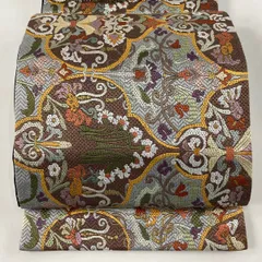 【在庫一掃】 袋帯 逸品 草花 花唐草 金糸 刺繍 青灰色 全通 正絹 【中古】