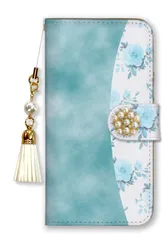 iPhone14ProMax ケース 手帳型 アイフォン14 プロマックス スマホケース パール デコ付き ストラップ付  おしゃれ 花柄 ツートーン お花 かわいい フラワー ピンク ブルー 水色 カラー10