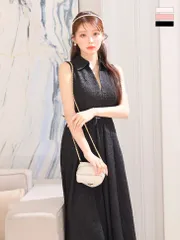 ブラック[DE3250-B-2404]【DEA. by ROBE de FLEURS/ディアバイローブドフルール】襟付き/ ノースリーブ/ ボリュームフレア/ ミディアムドレス/ キャバドレス